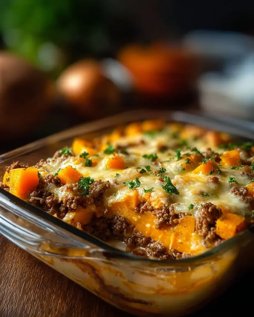Ground Turkey Sweet Potato Casserole topped with herbs and spices