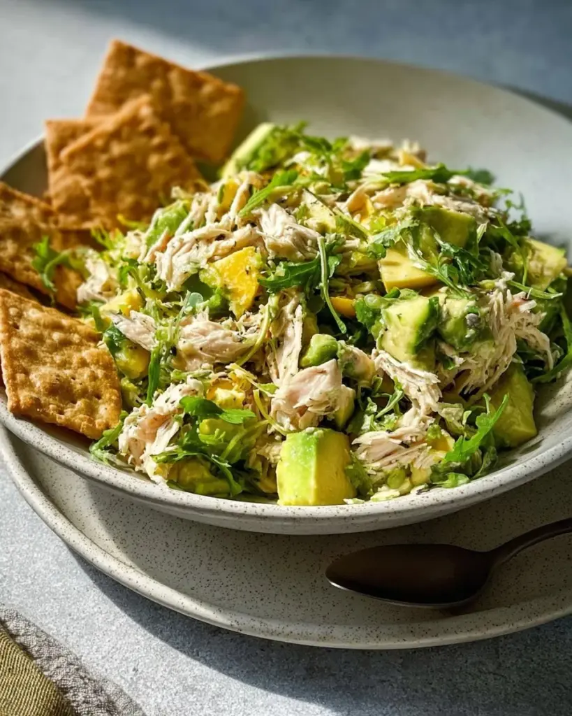 Healthy tuna salad with avocado served in a bowl on a wooden table
