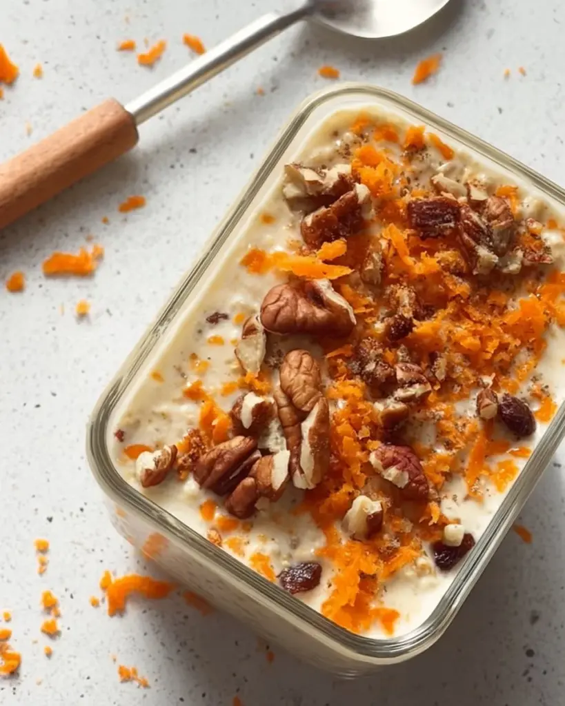 High protein carrot cake overnight oats in a jar with carrots and spices