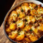 Delicious hobo casserole dish with meat, vegetables, and cheese baked together.