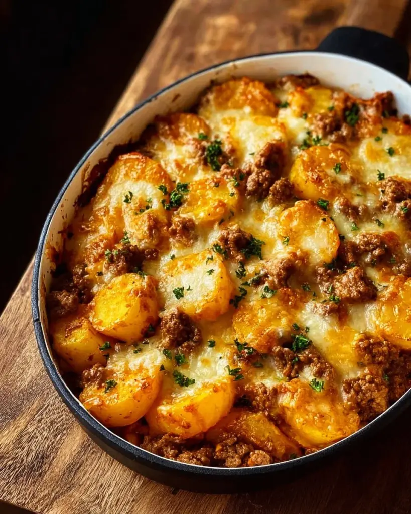 Delicious hobo casserole dish with meat, vegetables, and cheese baked together.