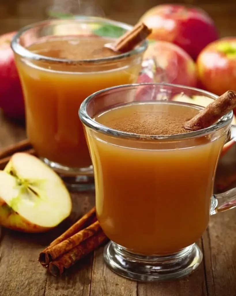 A glass of homemade apple cider garnished with cinnamon and apples