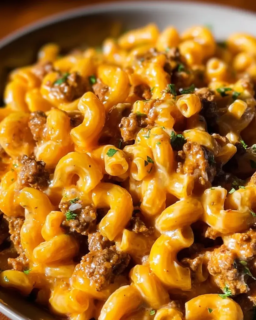 Plate of homemade Hamburger Helper with ingredients in the background.