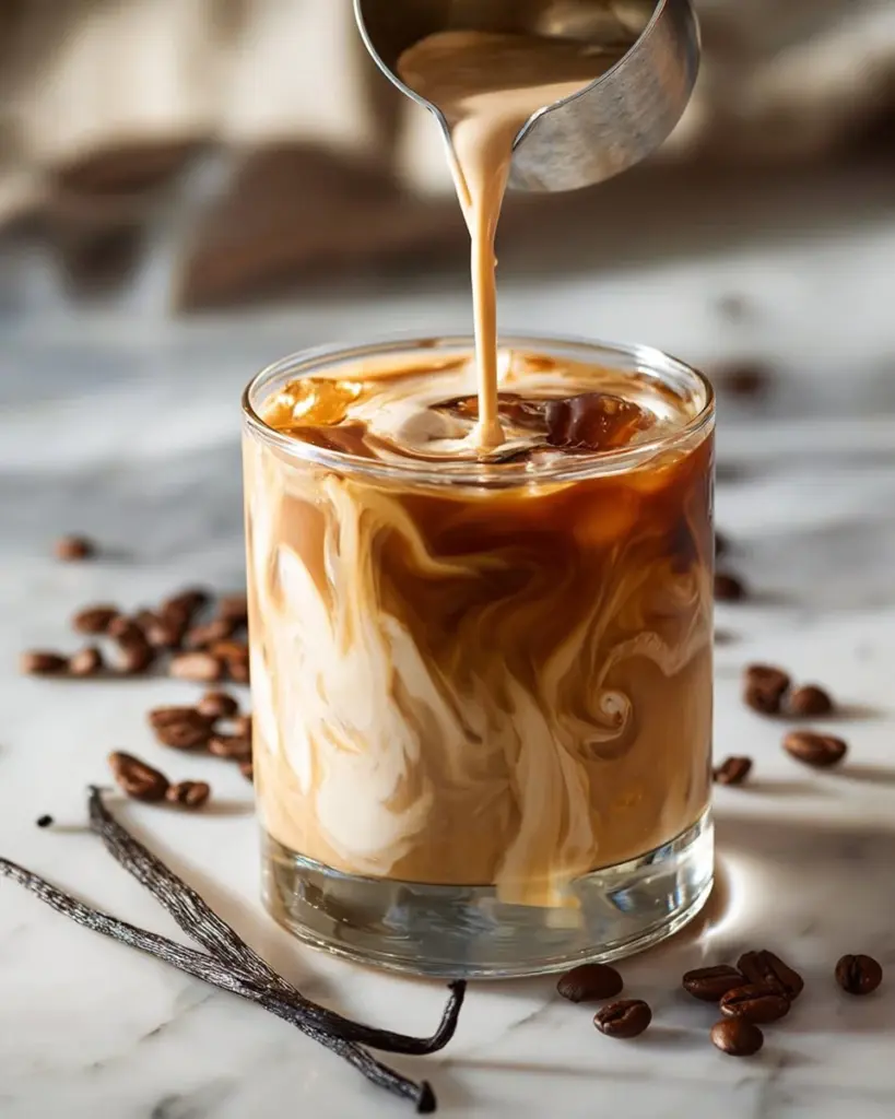 Homemade vanilla sweet cream coffee creamer in a glass jar with coffee beans.