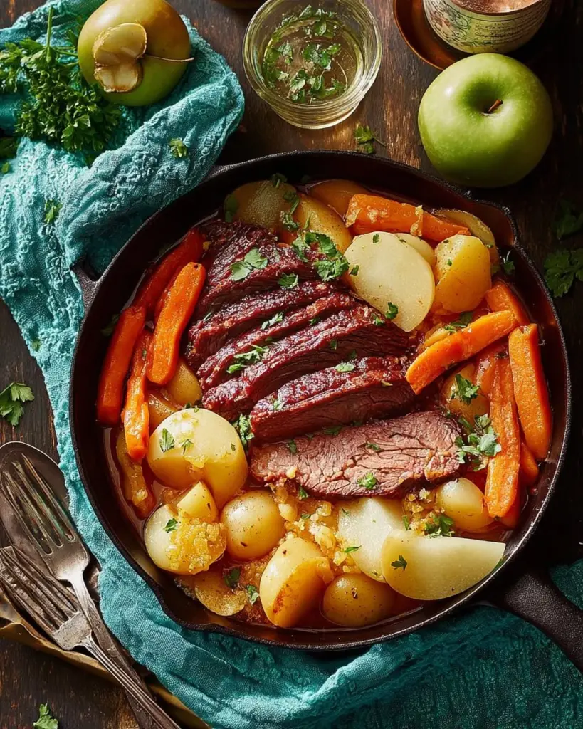 Traditional Irish boiled dinner with cabbage, potatoes, and meat