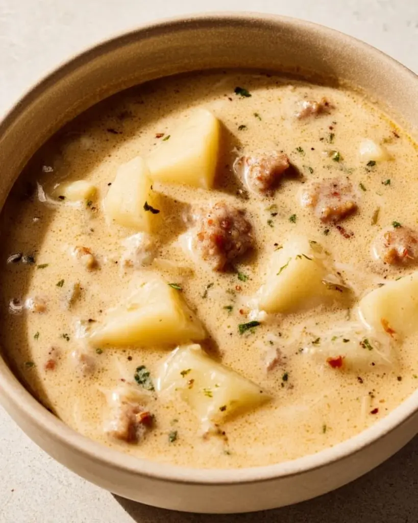 Bowl of delicious Italian Sausage Soup with vegetables and herbs
