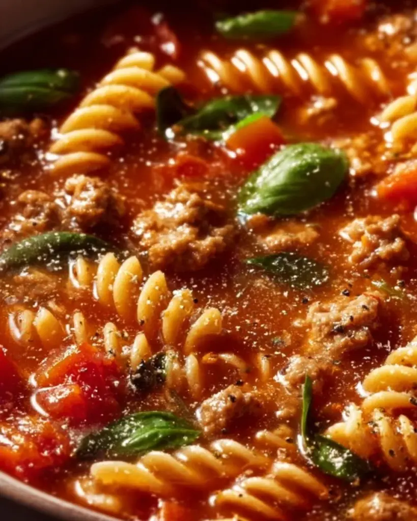 Bowl of Italian Sausage Soup with vegetables and herbs