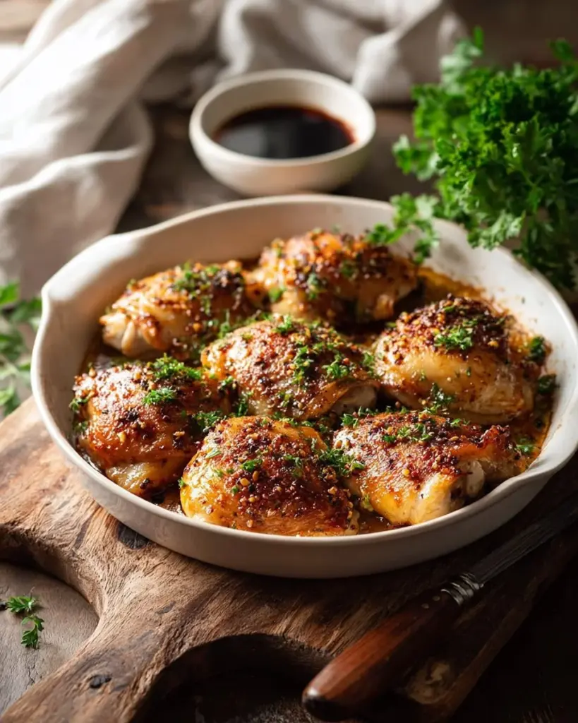 Juicy oven-baked chicken thighs served with vegetables on a plate