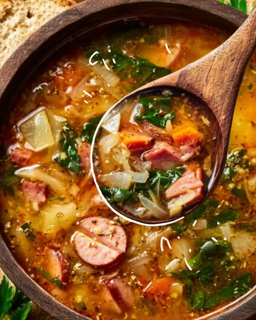 Bowl of hearty Kielbasa Soup with vegetables and sausage