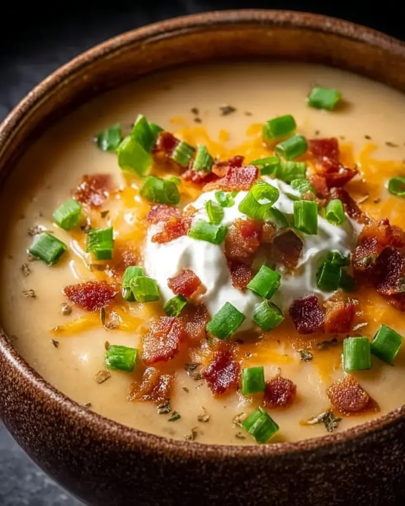 A bowl of creamy Loaded Baked Potato Soup topped with cheese and green onions.