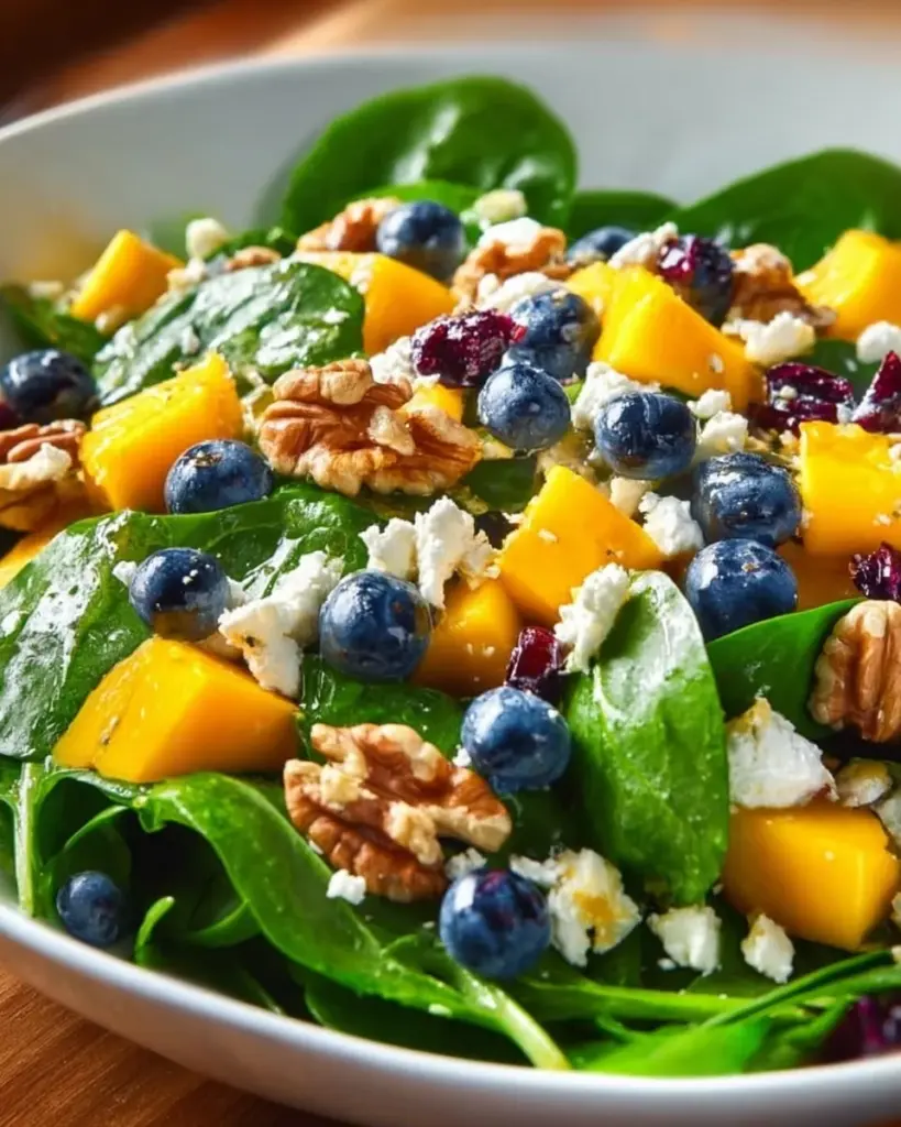 Colorful mango salad with spinach and blueberries served in a bowl