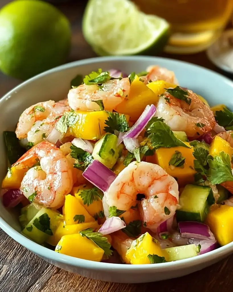 Mango Shrimp Ceviche garnished with fresh herbs and lime