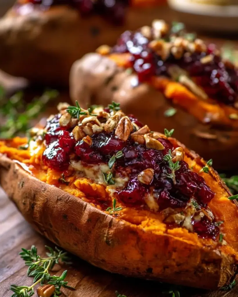 Maple Pecan & Brie Stuffed Sweet Potatoes garnished and ready to serve.