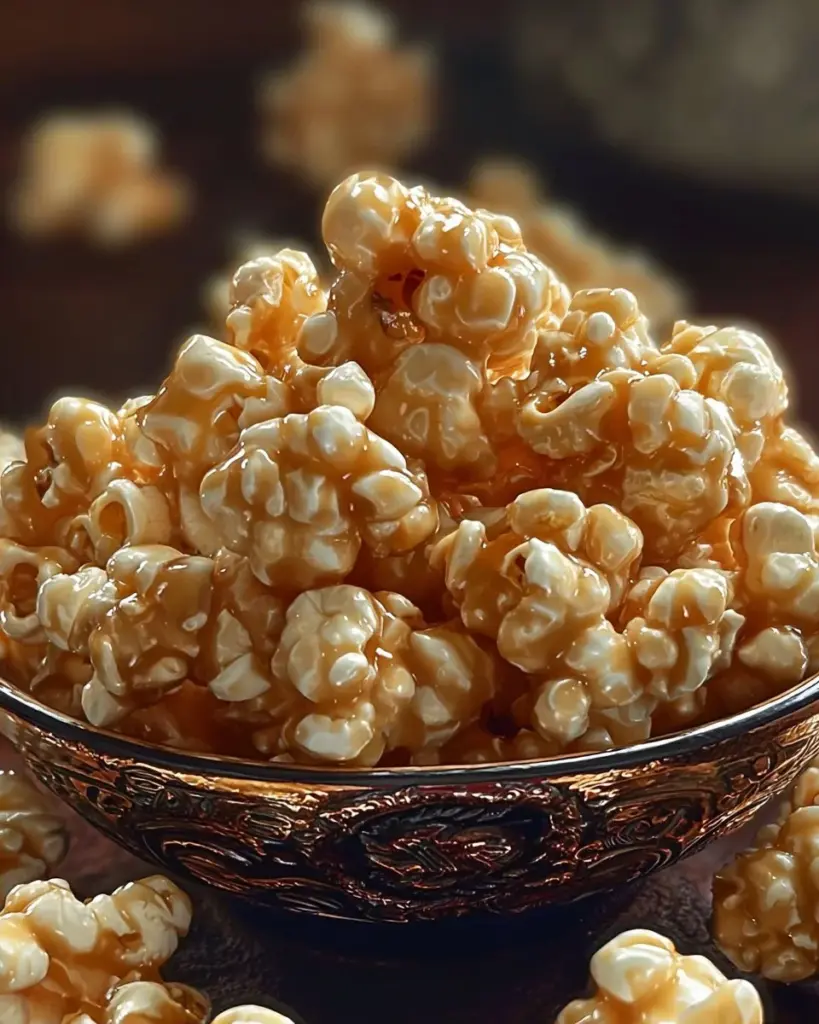 Bowl of homemade Marshmallow Caramel Corn snack with caramel drizzle.