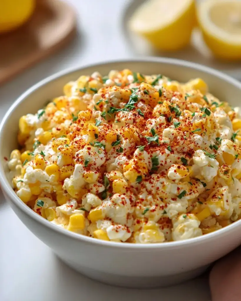 Delicious Mexican street corn dip served in a bowl with fresh toppings