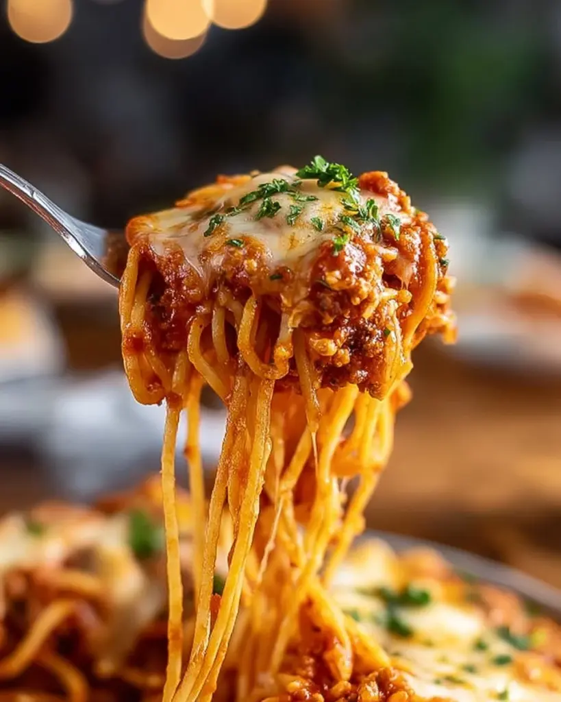 Baked Million Dollar Spaghetti dish with cheese and herbs