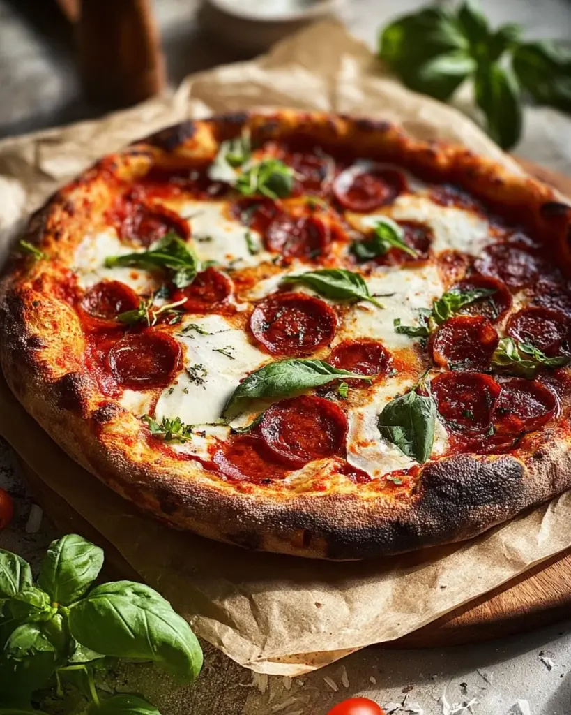 Homemade Neapolitan pizza dough preparation with fresh ingredients