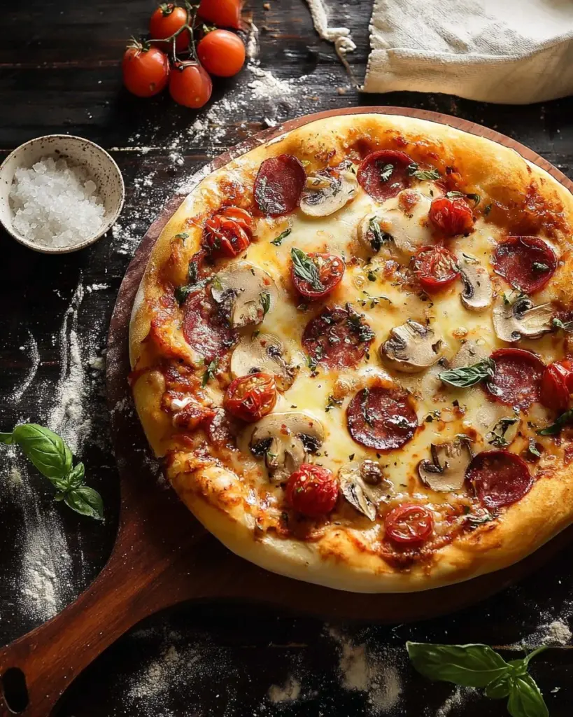 Delicious no-yeast pizza dough ready for toppings.