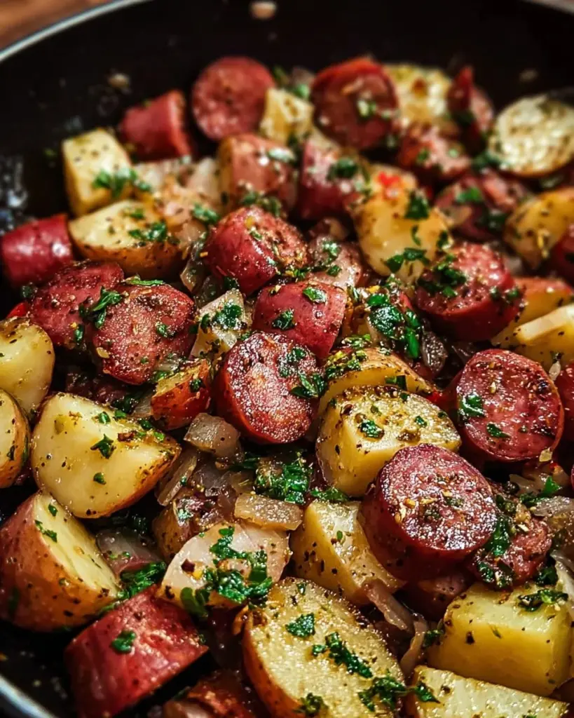 One Pan Kielbasa and Potatoes meal, a delicious and hearty dish ready to serve.