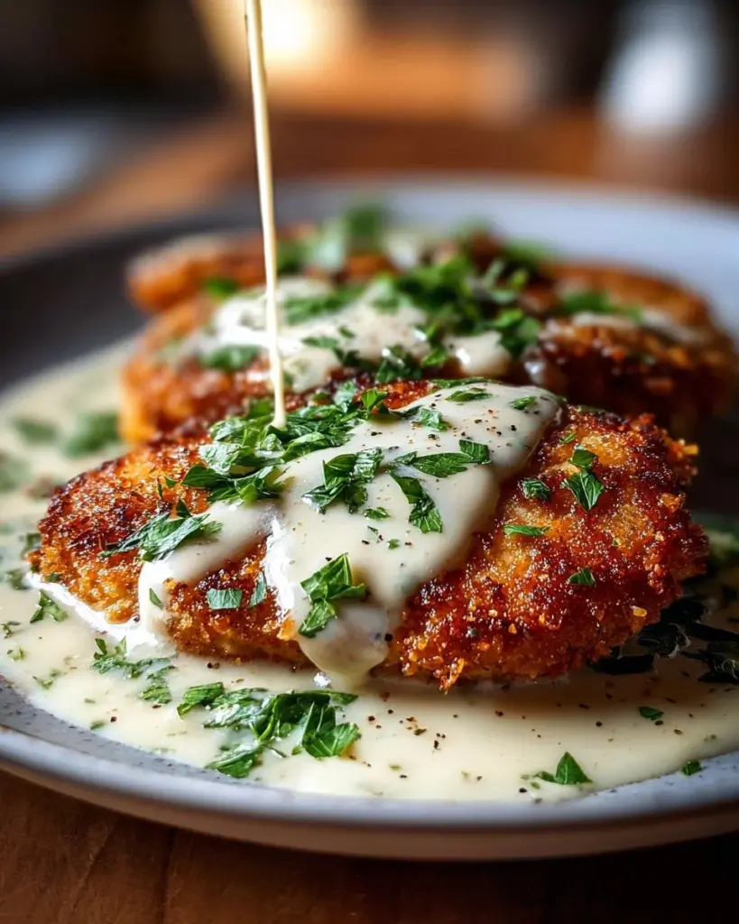 Delicious Parmesan Crusted Chicken garnished with creamy garlic sauce on a plate