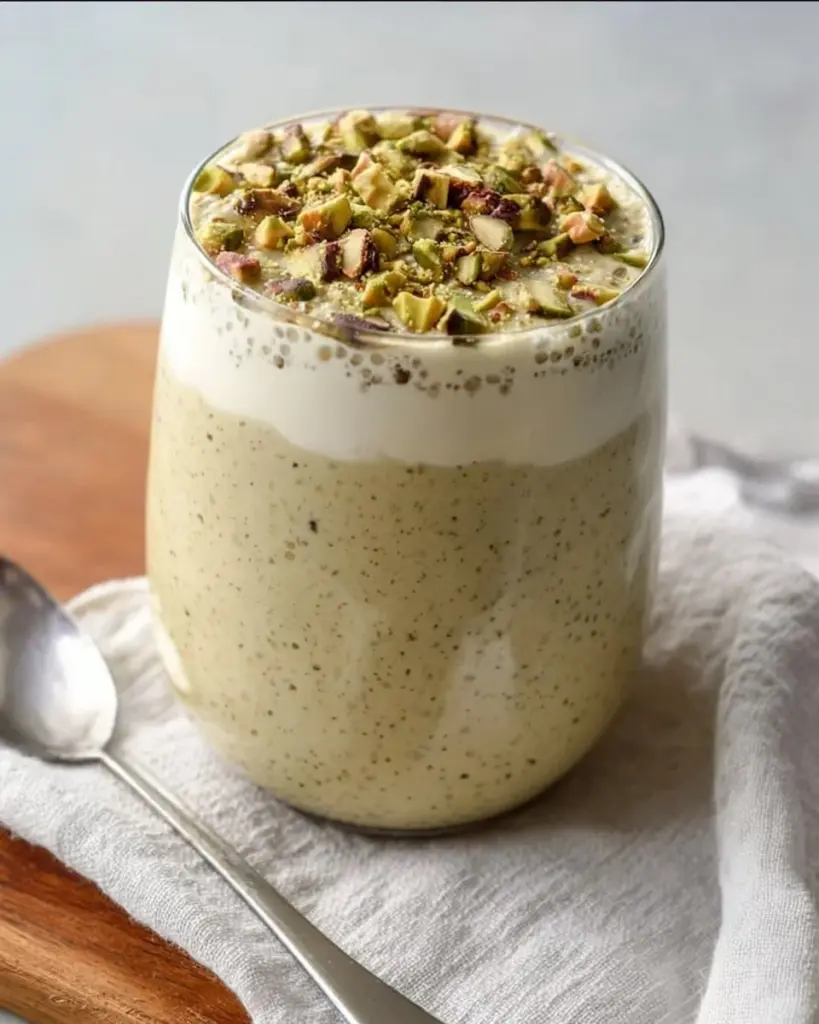 Bowl of creamy pistachio overnight oats topped with nuts and fruits