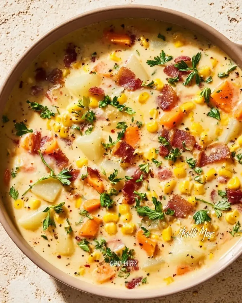 Delicious bowl of Potato Corn Chowder topped with herbs