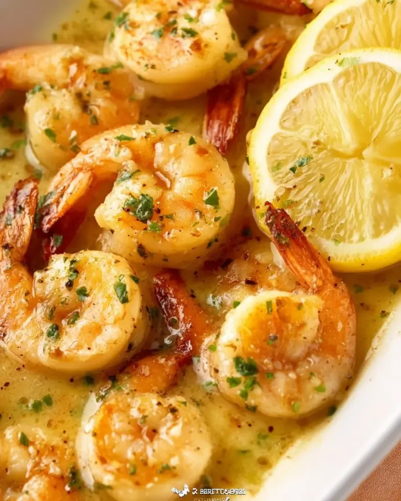 Delicious garlic butter shrimp served in a skillet with herbs and lemon.