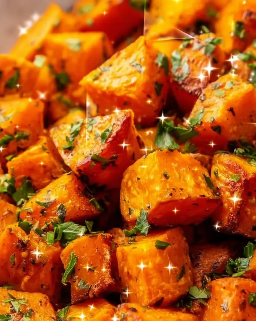 Bowl of roasted sweet potatoes garnished with herbs and spices