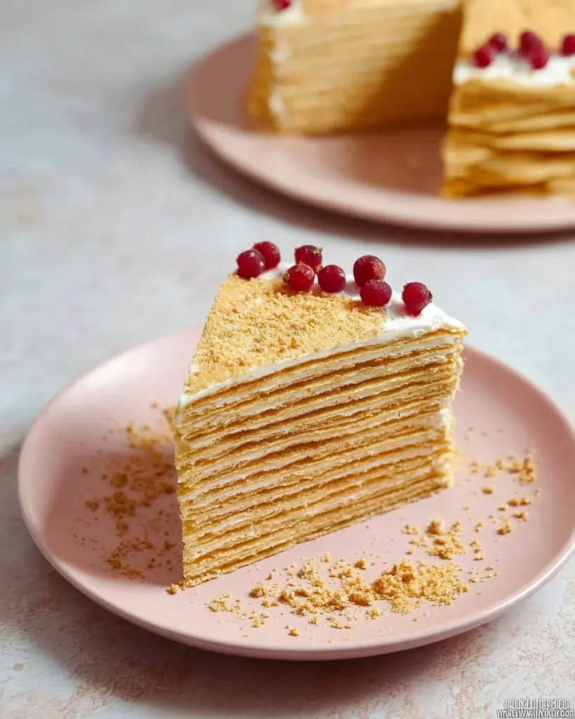 Slice of Russian Honey Cake (Medovik) with layers and honey glaze