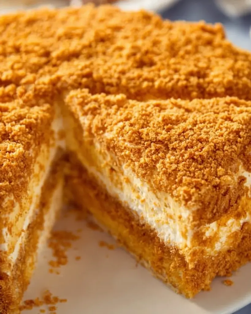 Layers of traditional Russian Honey Cake (Medovik) with creamy honey filling.