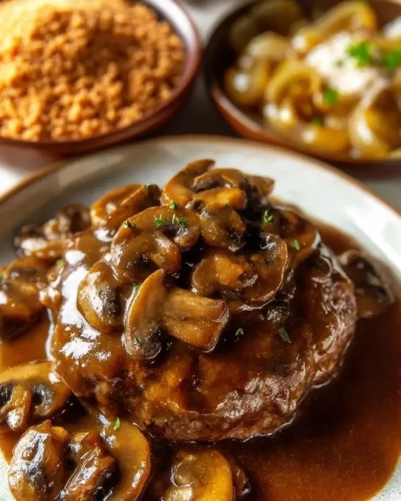 Delicious homemade Salisbury Steak served with rich gravy and mashed potatoes.