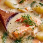 Bowl of delicious salmon chowder soup garnished with herbs