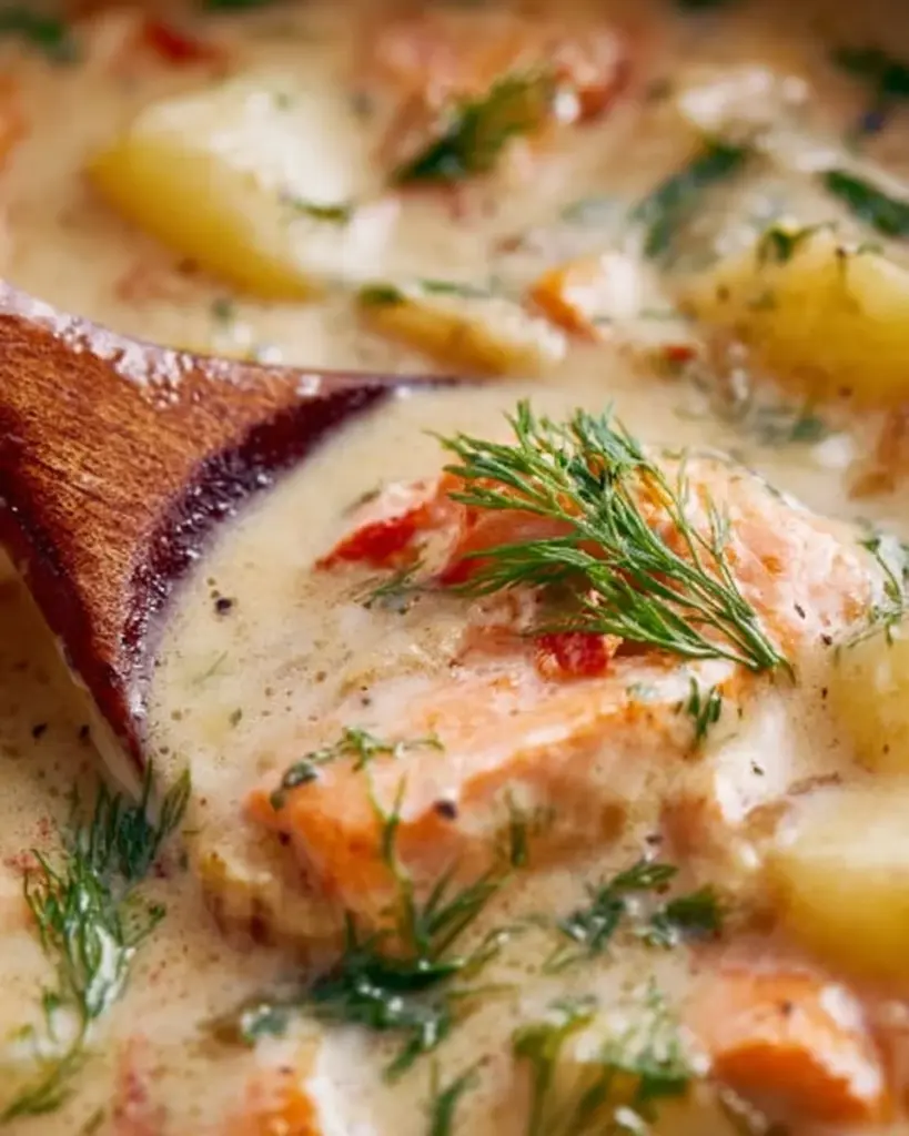 Bowl of delicious salmon chowder soup garnished with herbs