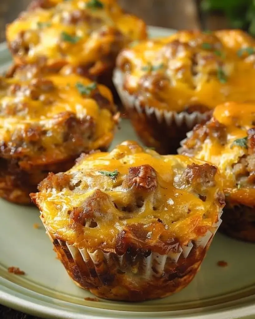 Freshly baked sausage muffins on a wooden table