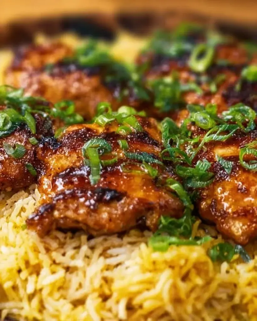 Delicious scallion ginger chicken served on rice with vibrant garnishes.