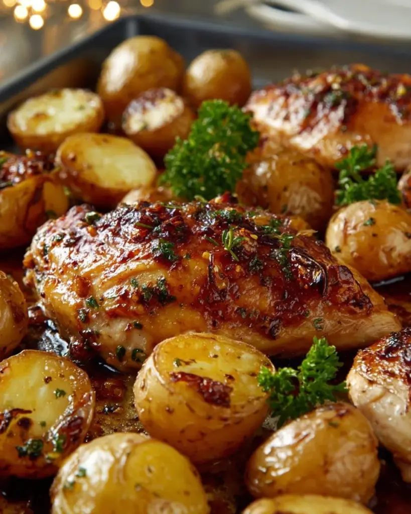 Sheet Pan Chicken and Potatoes dish ready to serve, showcasing succulent chicken and crispy potatoes.