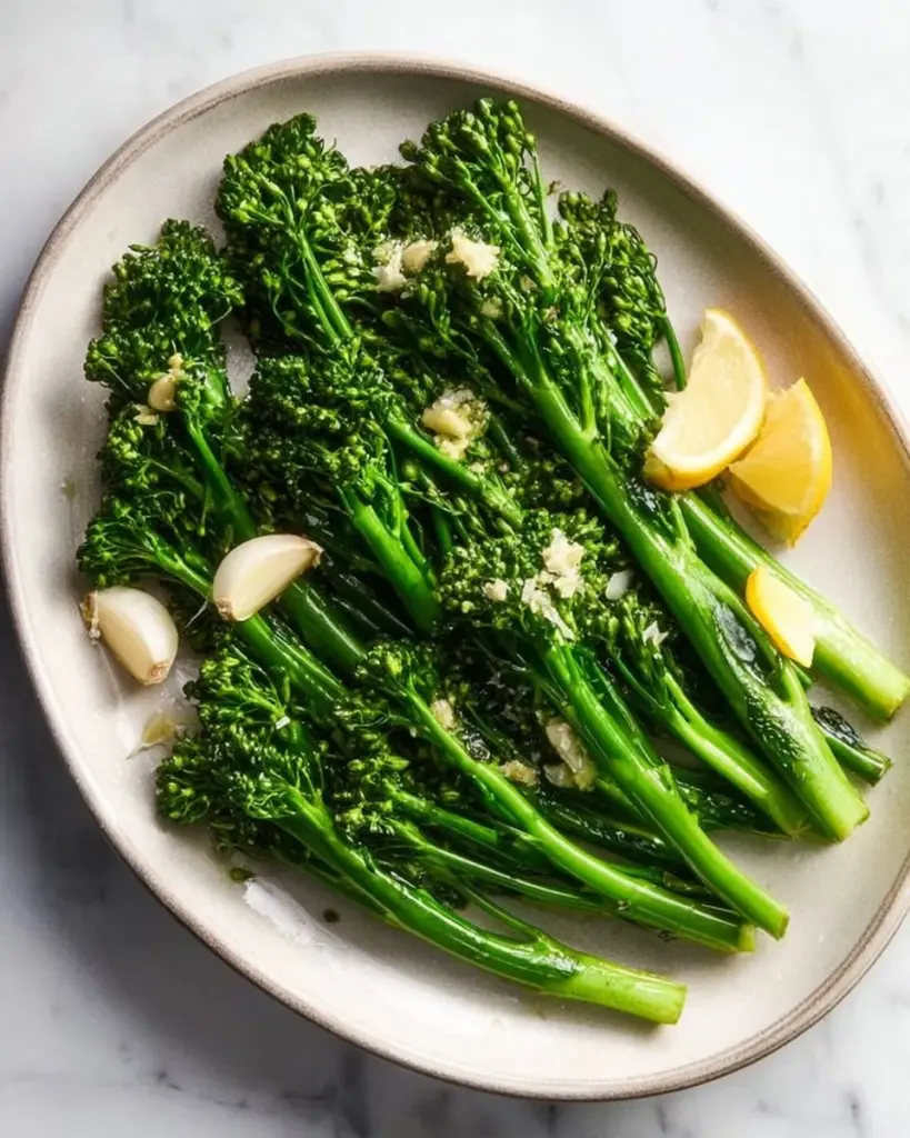 Plate of simple broccolini dish garnished and ready to serve
