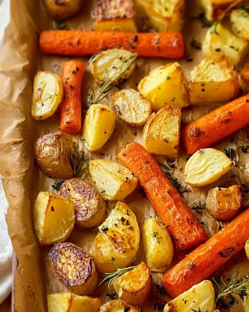 Delicious simple roasted potatoes and carrots served in a bowl