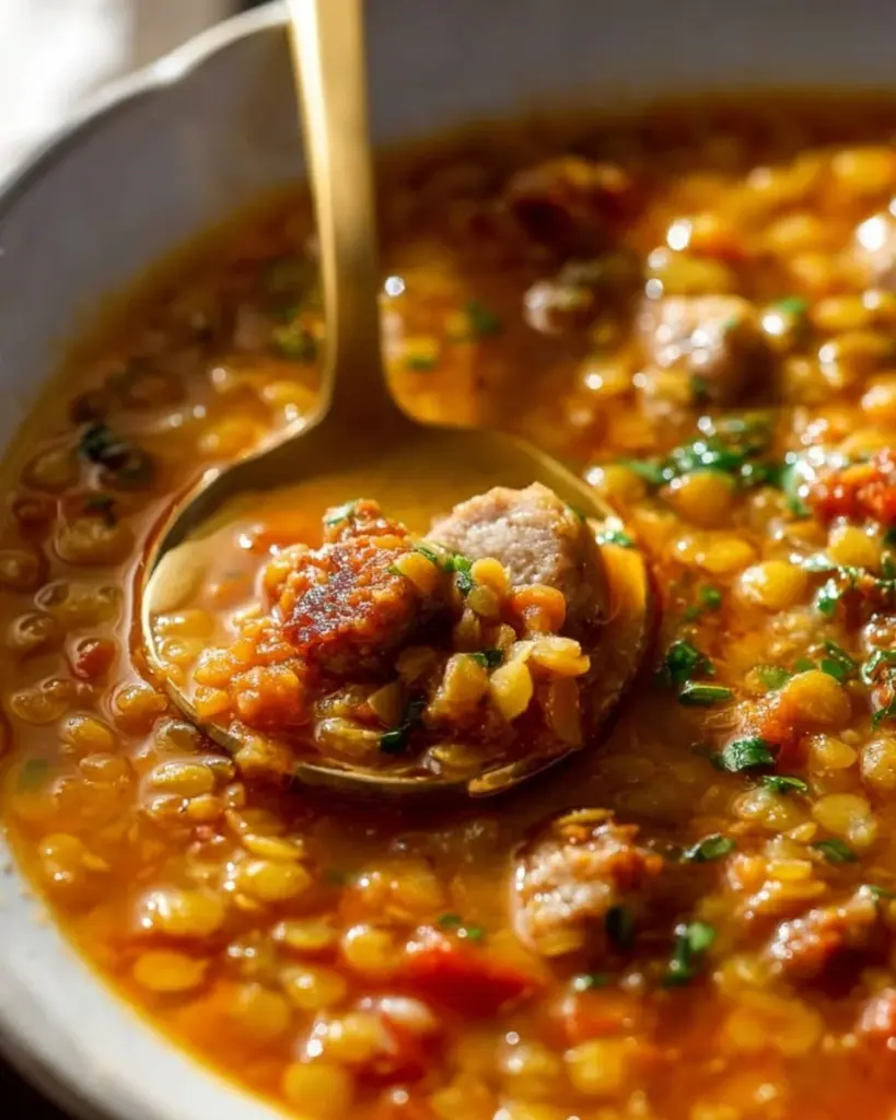 Bowl of slow cooker sausage and lentil soup with fresh herbs garnish
