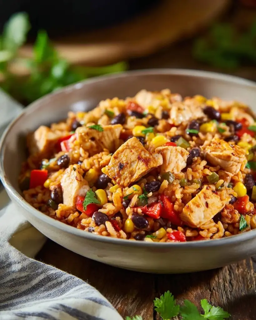 Delicious Southwest Chicken and Rice Bowl with vibrant vegetables and spices