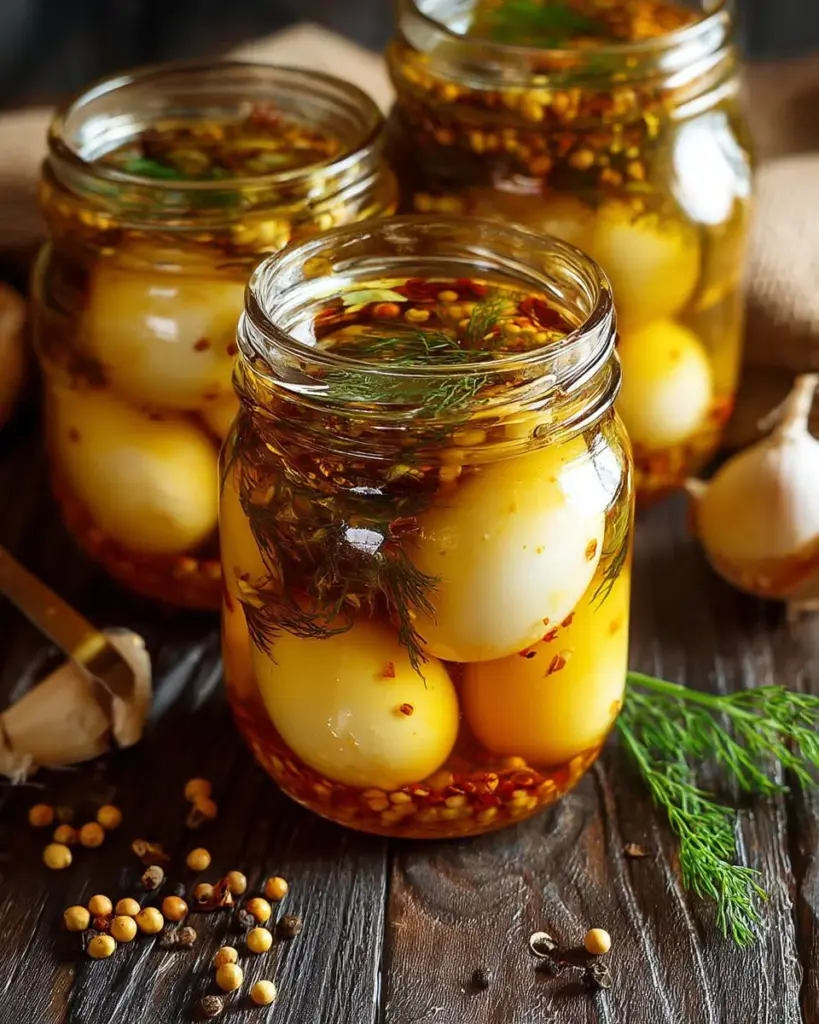 Delicious spicy pickled eggs in a jar with vibrant peppers and spices