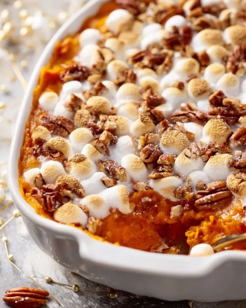 Delicious sweet potato casserole topped with marshmallows and pecans