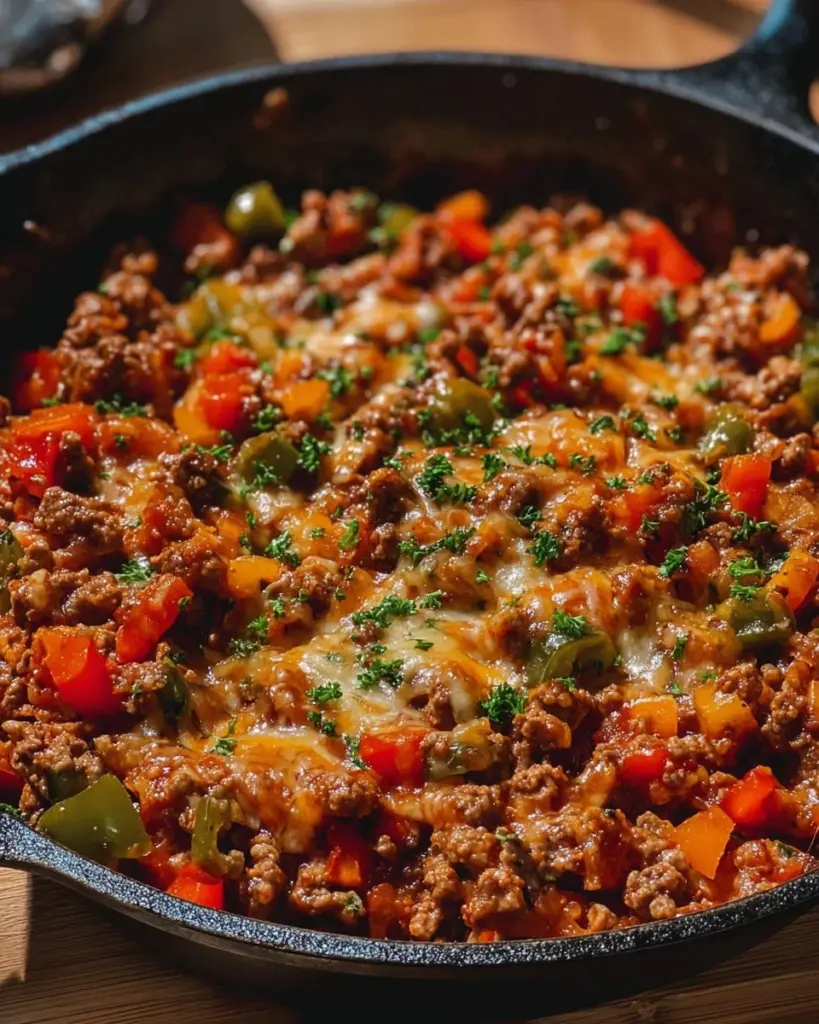 Delicious unstuffed pepper skillet filled with colorful veggies and hearty ground meat
