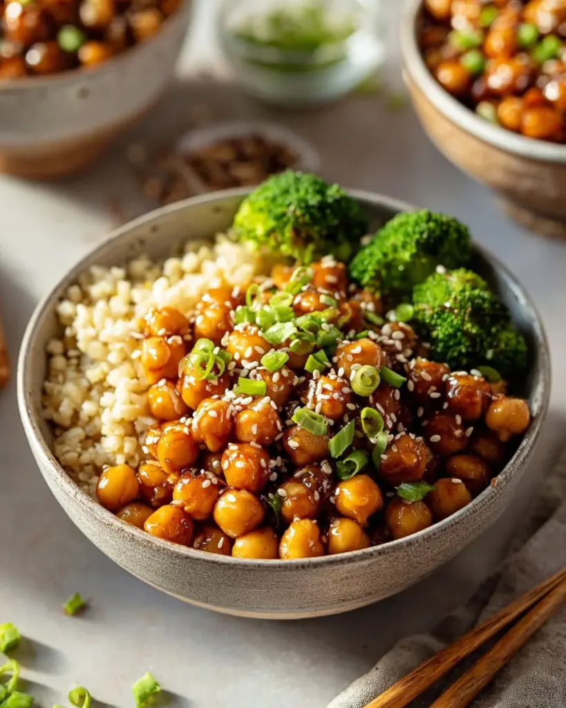 Plate of vegan sticky sesame chickpeas garnished with sesame seeds and scallions