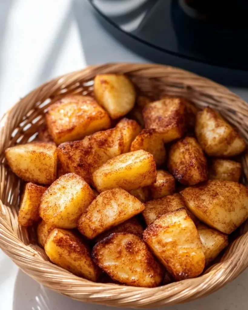 Air fryer roasted apple chunks served on a plate