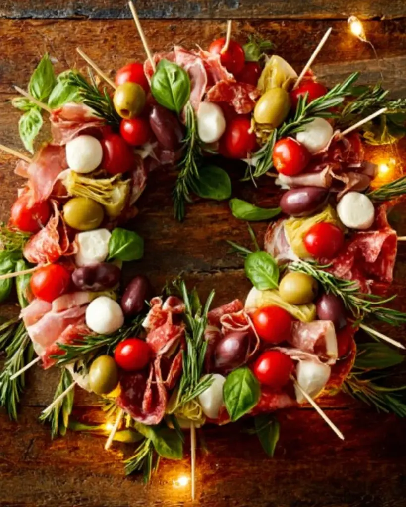 Colorful Antipasto Wreath with assorted meats, cheeses, and vegetables