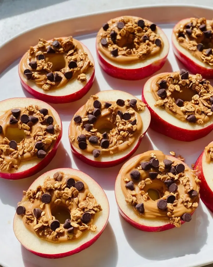 Fresh apple slices served with creamy peanut butter on a plate