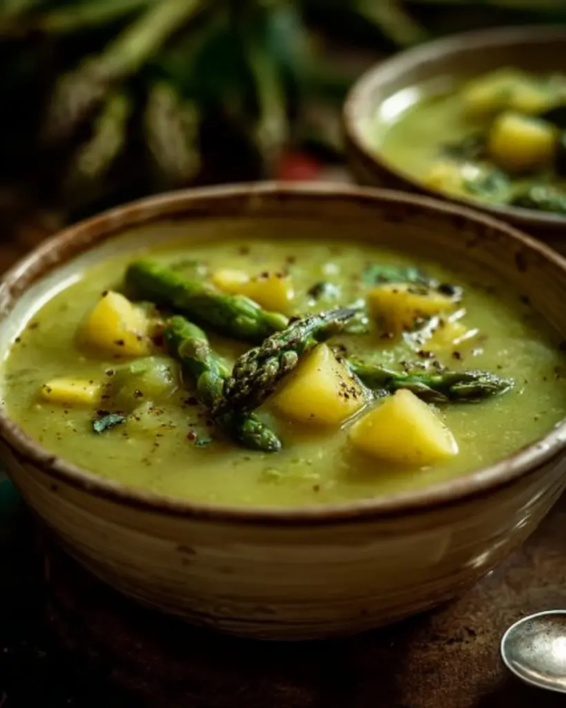 Bowl of creamy asparagus potato soup garnished with fresh herbs.