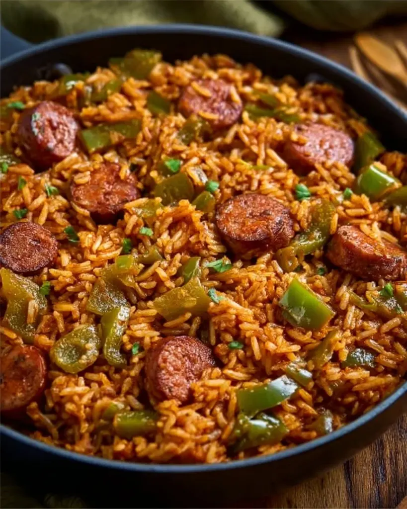 Bowl of Authentic New Orleans Creole Jambalaya garnished with fresh herbs