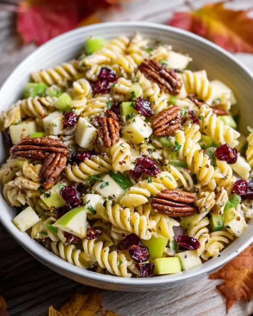 Bowl of Autumn Apple Pasta Salad with fresh apples and pasta ingredients